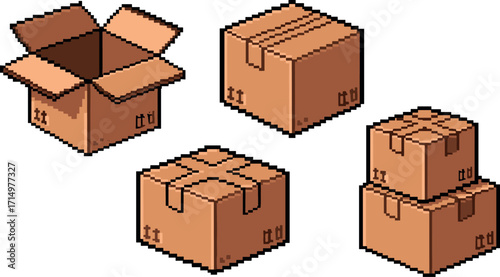 Pixel art illustration of various cardboard boxes on transparent background