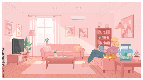 girl reading book while laying down on the couch in the living room vector illustration