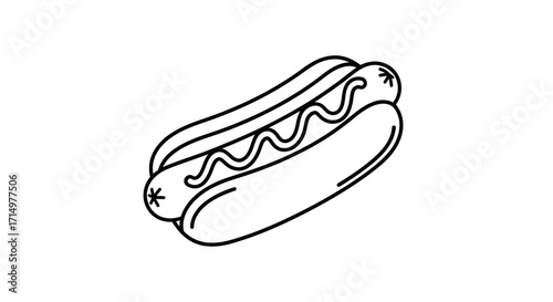 Simple Black and White Line Art Hot Dog with Mustard.