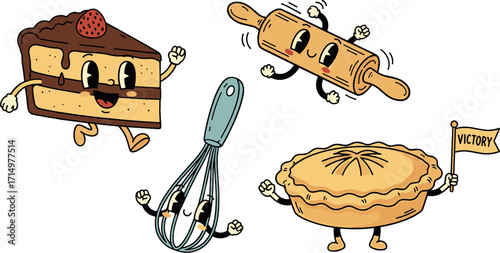 Cartoon baking items: cake slice, rolling pin, whisk, and pie with victory flag on transparent background