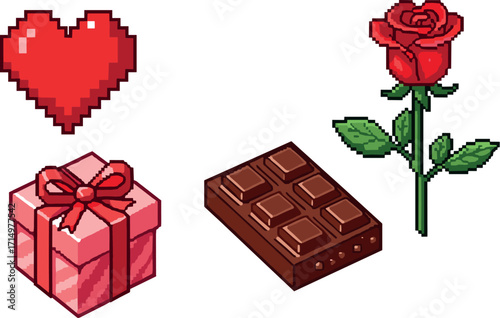 Pixel art: red heart, gift box, chocolate bar, and red rose on transparent background