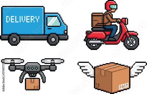 Pixel art delivery vehicles and package icons on transparent background