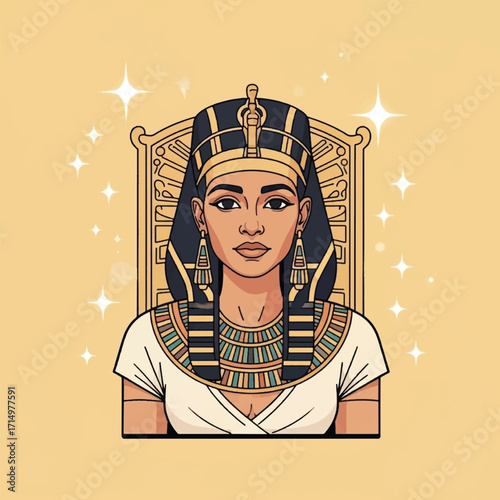 Illustration of an Egyptian queen wearing traditional attire, seated on a throne, with a golden background.