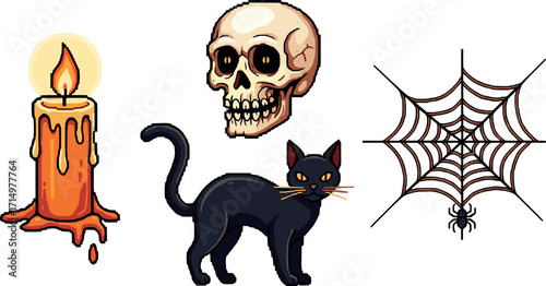 Halloween pixel art: candle, skull, black cat, and spiderweb on transparent background