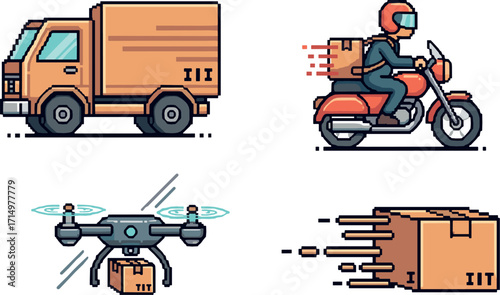 Pixel art depiction of delivery methods: truck, motorcycle, drone, and flying box on transparent background