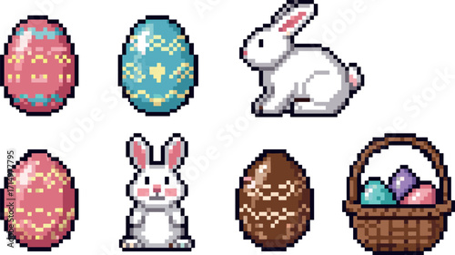 Pixel art easter eggs and bunnies with basket on transparent background