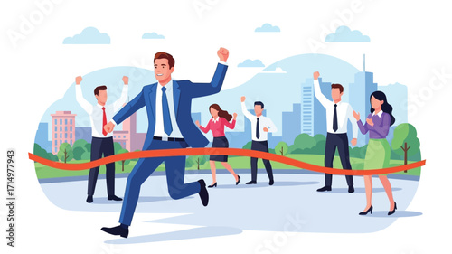Businessman people running crossing red ribbon finish line celebrating  success cheers of friends behind. vector illustration