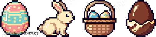 Pixel art easter: decorated egg, bunny, basket with eggs, and chocolate egg on transparent background