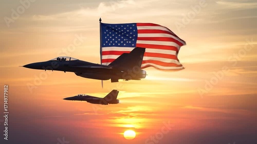 Two fighter jets fly in formation against a sunset sky with an American flag waving in the background.