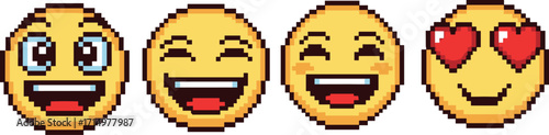 Pixel art: four yellow emoji faces with different expressions on transparent background