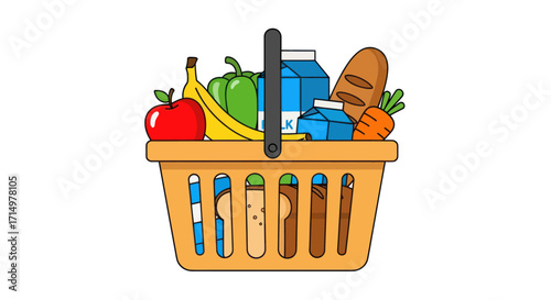Shopping Basket Filled with Groceries: Apple Banana Pepper Milk Bread and Carrot.