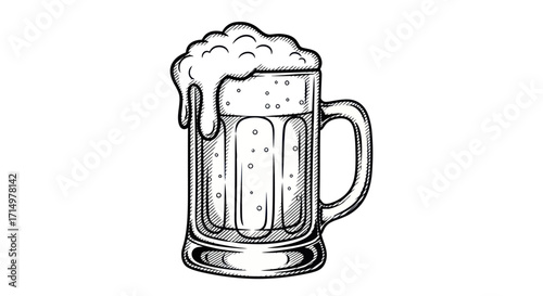 Hand-drawn Beer Mug Illustration with Overflowing Foam.