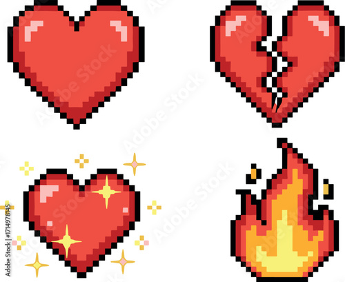 Pixel art: whole heart, broken heart, sparkling heart, and flames on transparent background