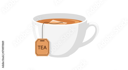 White Ceramic Mug with Hot Brown Tea and Labelled Tea Bag.