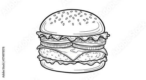 Detailed Black and White Illustration of a Hamburger.