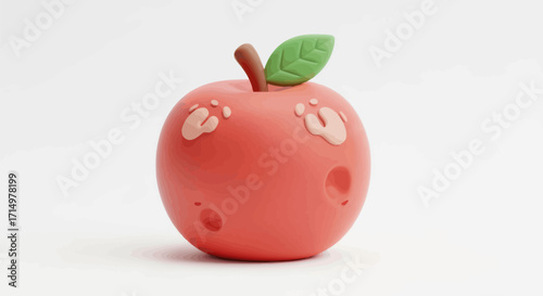 Red Clay Apple Sculpture with Green Leaf and Footprint Indentations.