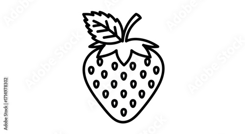 Line Art Drawing of a Single Strawberry with Leaf.