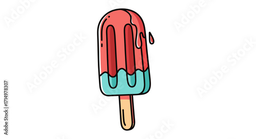 A dripping red and blue popsicle with a wooden stick.