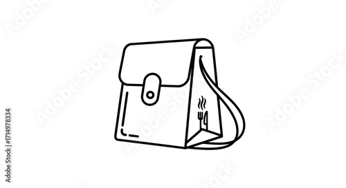 Line art illustration of a lunch bag with a food container.