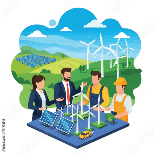 Entrepreneurs and engineers discuss sustainable energy solutions, including solar power, wind turbines, electric cars, and eco-friendly alternatives.
