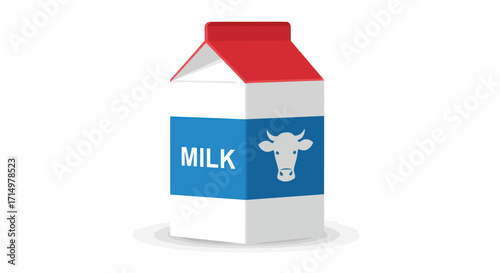 White Milk Carton with Red Top and Blue MILK Label and Cow Icon.