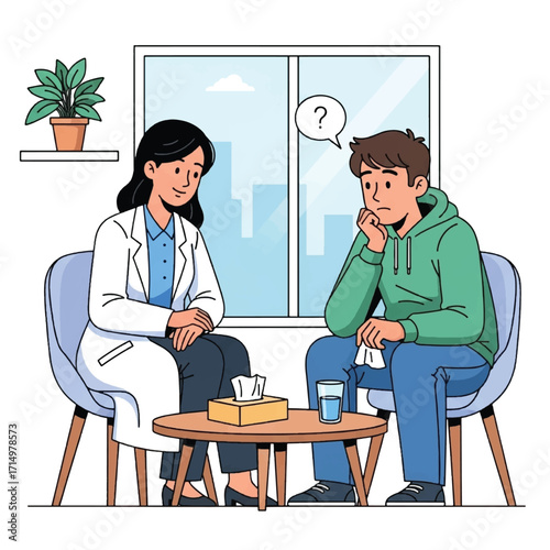 Illustration of a therapist talking to a patient in a counseling session.