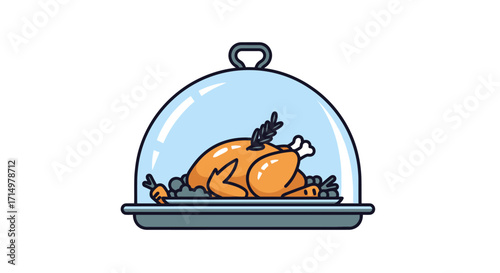 Roasted Chicken Under Glass Dome on Serving Tray.