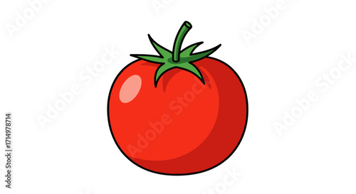 Cartoon Illustration of a Ripe Red Tomato with Green Stem.