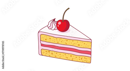 Whipped Cream Cherry Cake Slice Illustration.