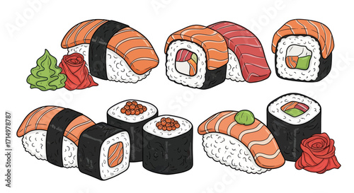 Hand-drawn Japanese Sushi Set with Salmon Nigiri and Maki Rolls.