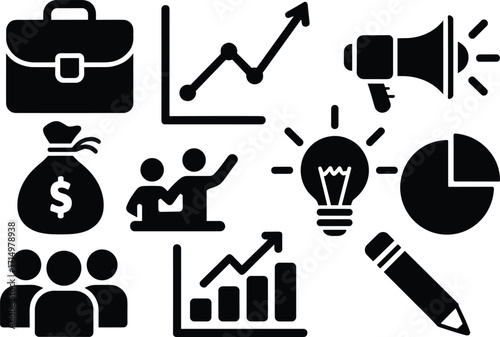 Strategic Business Success: A Comprehensive Vector Illustration of Essential Elements for Growth, Teamwork, Financial Prosperity, and Innovative Ideas.