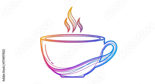Colorful rainbow gradient line art drawing of a steaming hot coffee cup.