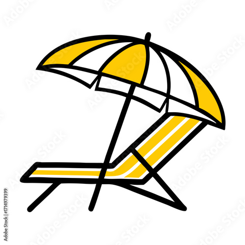 Illustration of a beach chair with yellow and white stripes under a yellow and white beach umbrella