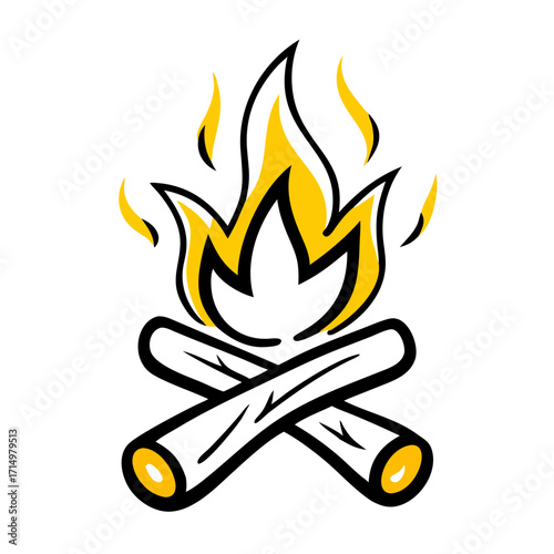 Illustration of a campfire with crossed logs and bright yellow flames on a white background art