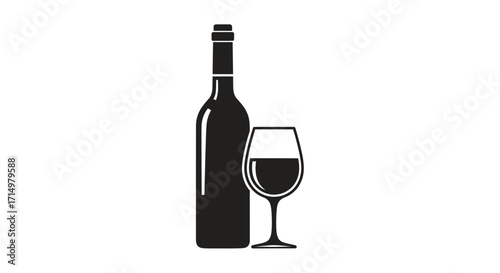 Wine Bottle and Glass Icon Simple Black Silhouette.