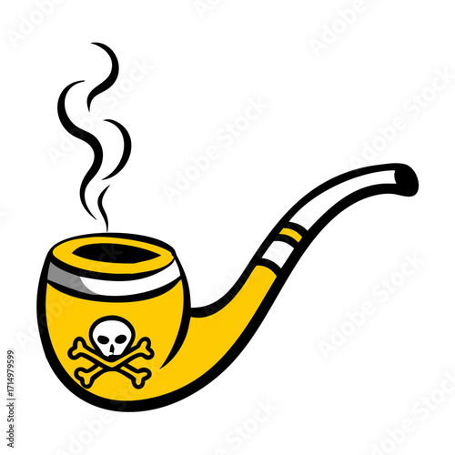 A yellow smoking pipe with a skull and crossbones design and smoke coming from the top of the pipe