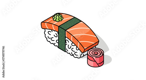 A cartoon illustration of a salmon nigiri sushi with nori wasabi and pickled ginger.