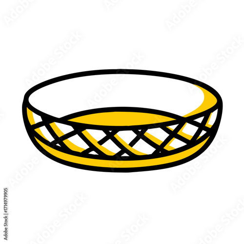 A stylized illustration of a yellow and black woven basket with an oval shape and empty interior space