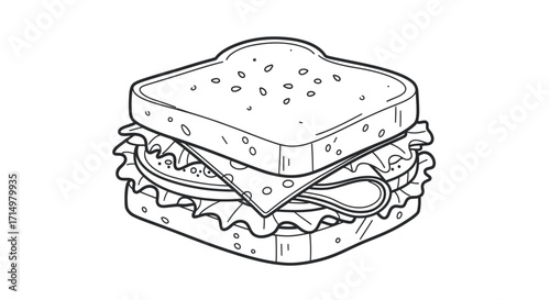 Detailed Black and White Illustration of a Sandwich.