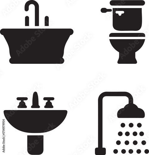 a set of stylish icons for a home improvement app, featuring common bathroom fixtures. Focus on clear, modern, and minimalist designs.