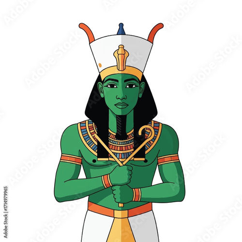 Egyptian god, likely Osiris, depicted in a stylized, colorful illustration.