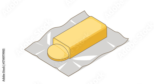 A sliced stick of yellow butter on an open foil wrapper shown in an isometric illustration.