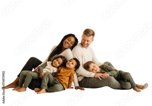 Happy Diverse Family Couple With Three Young Children Sharing Joyful Moments Together Isolated On Transparent Background