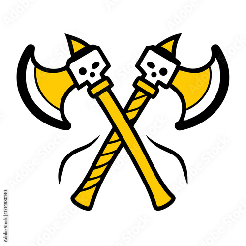 Two crossed axes with yellow handles and black blades and white skull decorations on a white background