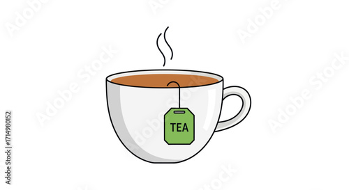 Steaming Hot Tea in a White Cup with Green Tea Bag.