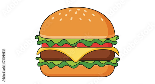 Cartoon Double Patty Hamburger with Cheese Lettuce and Tomato.