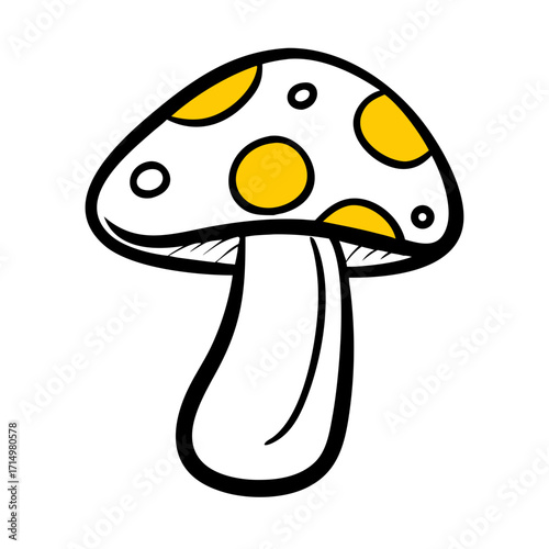 Illustration of a mushroom with a white cap and yellow spots with a white stem and black outline