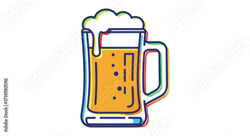 Colorful cartoon beer mug with frothy head and bubbles.