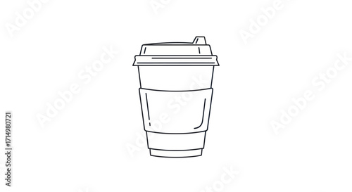 Simple Line Drawing of a Disposable Coffee Cup with Lid and Sleeve.