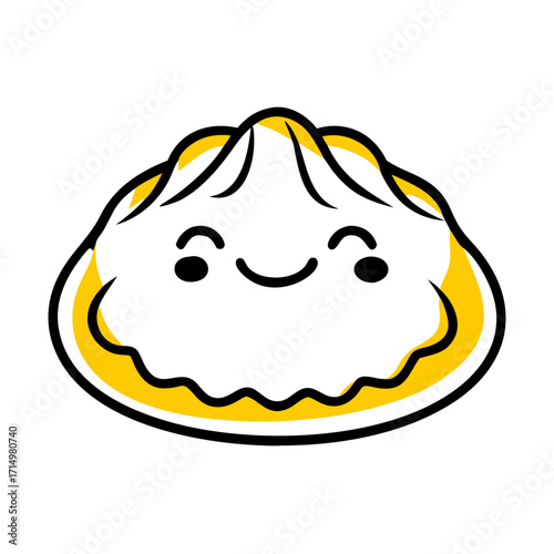 A delightful dumpling with a cheerful expression outlined in black and yellow on a white background